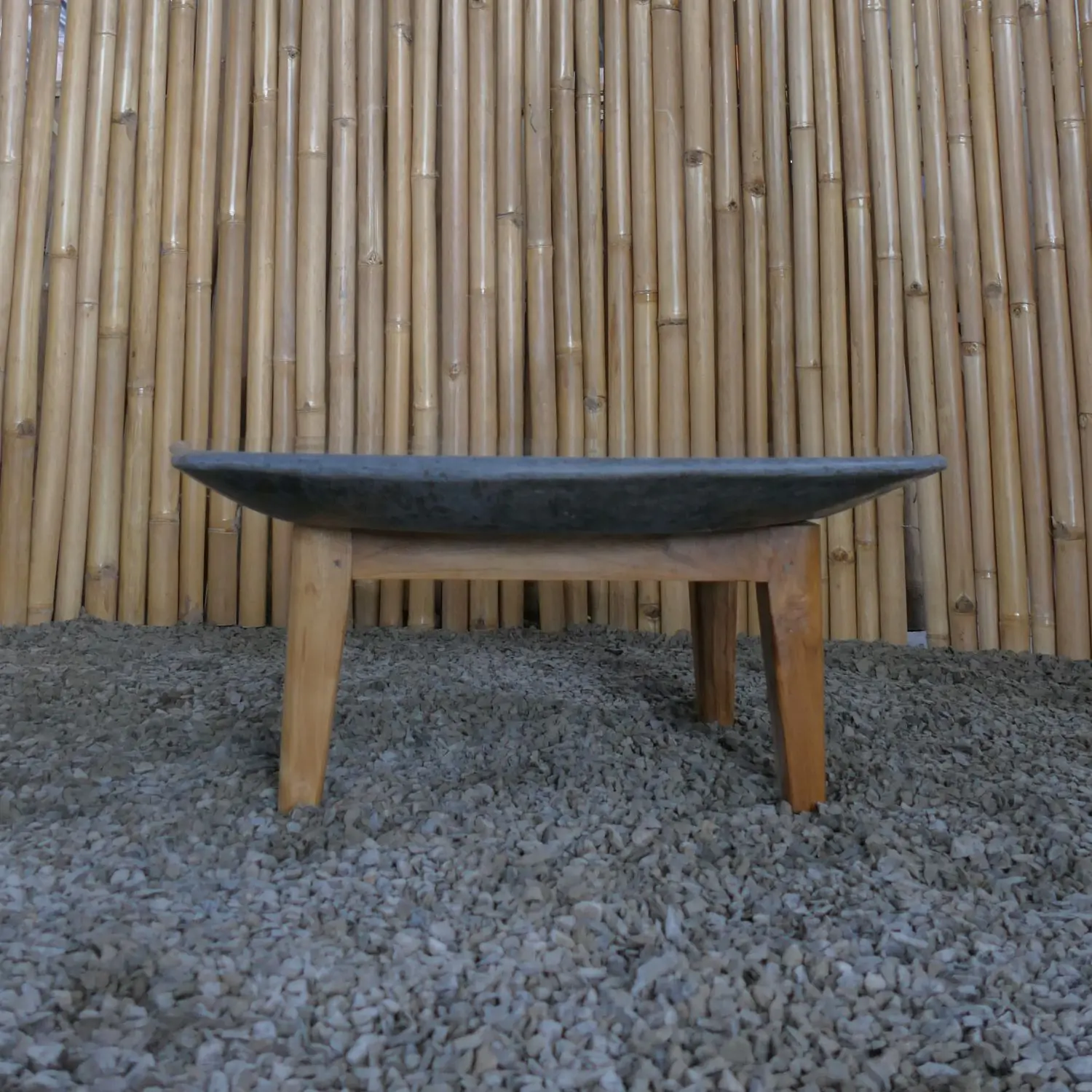 Product image 3 of the product “Unique round flat Table, made from Riverstone slate with teak feet, approx dia. 80cm, 30cm height and 6cm thickness ”